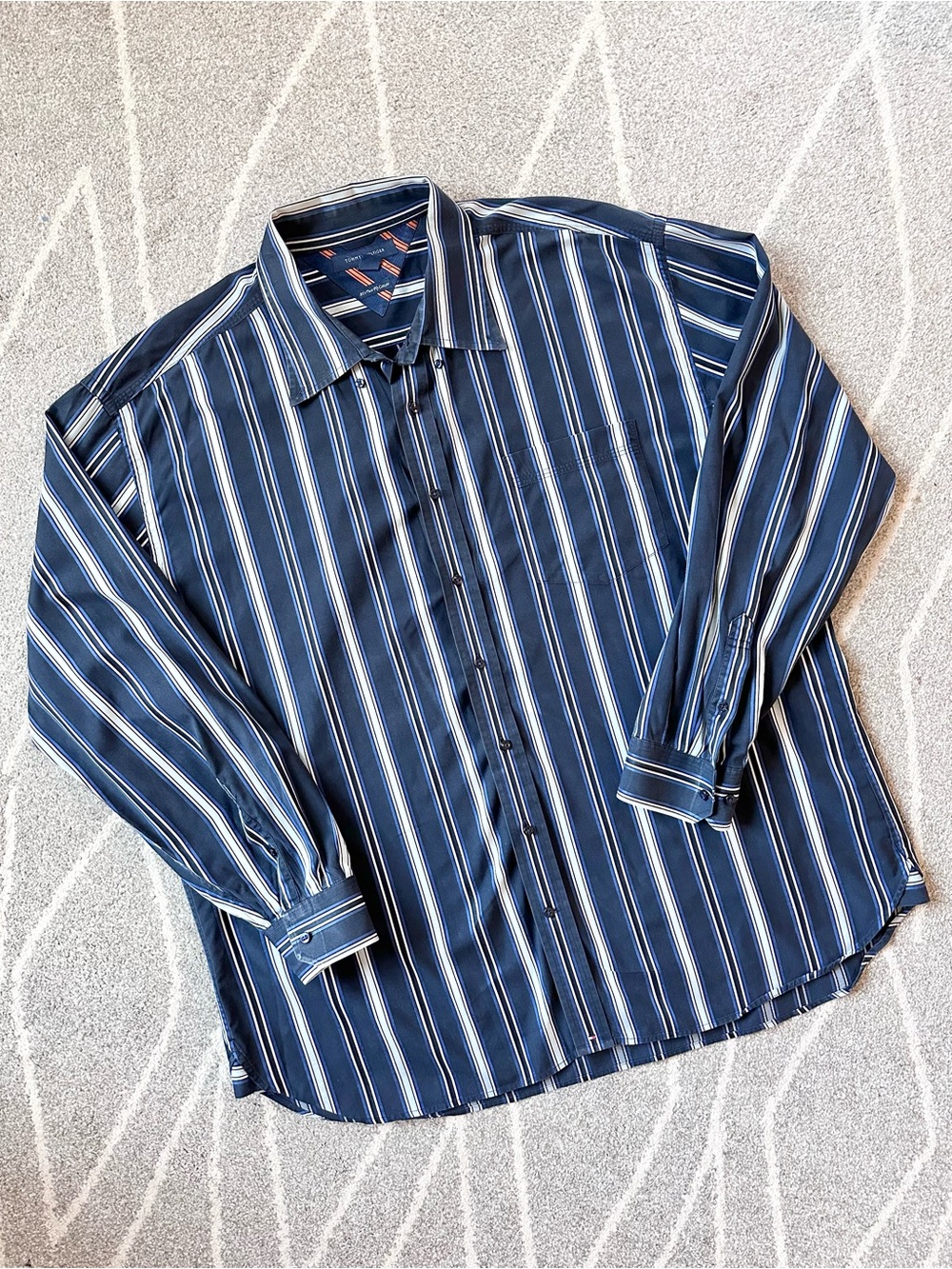 Tommy Hilfiger 80s Two Ply Cotton Navy Striped Button Down Dress Shirt